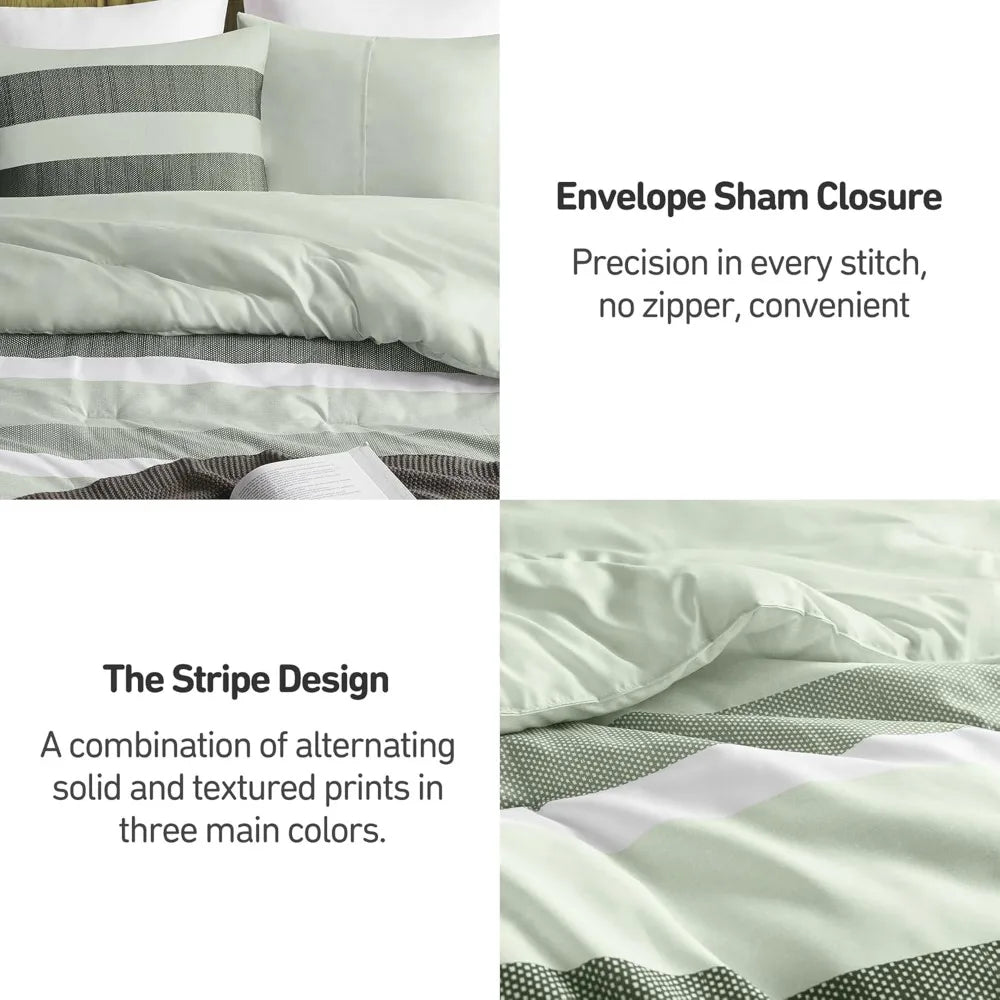 Comforter Set, 3 Pieces Striped Bed Set, Soft Brushed Microfiber Reversible