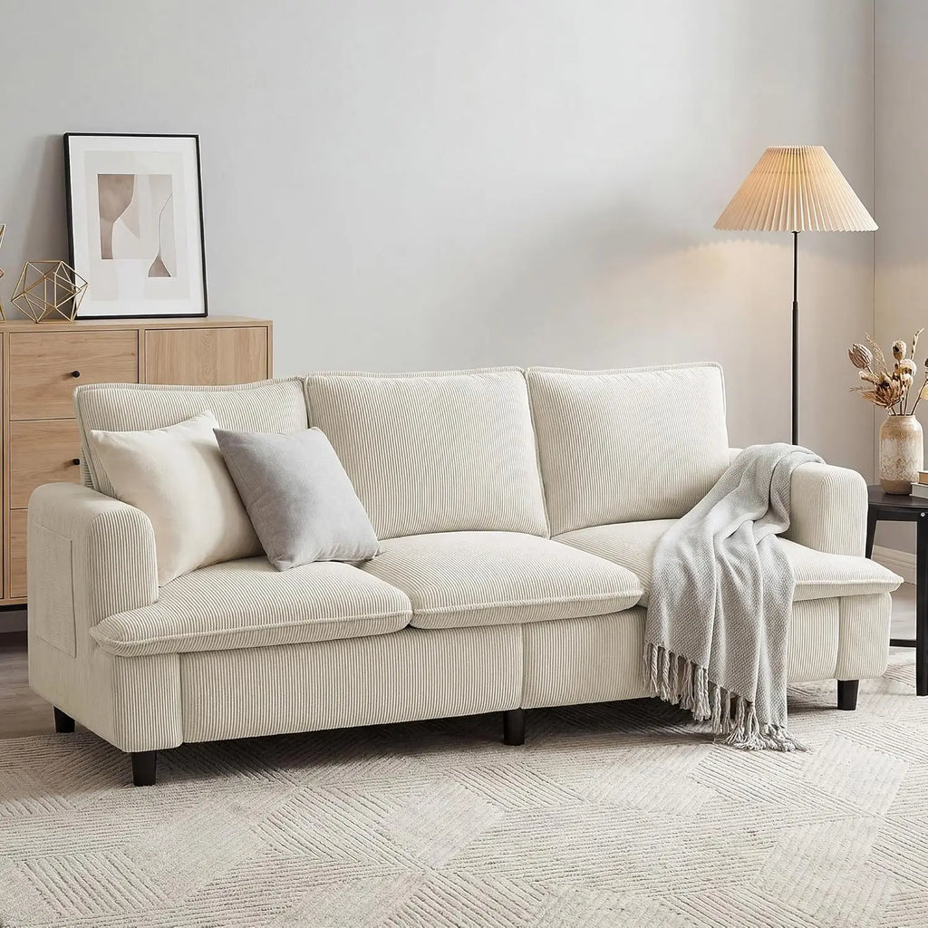 3 Seater Couch, 83" Comfy Corduroy Sofa with Deep Seat, White or Grey