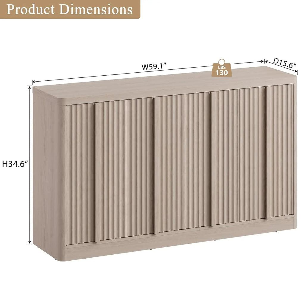 Fluted Buffet Cabinet , 60"Sideboard Buffet Cabinet with 4 Door-Modern Credenza