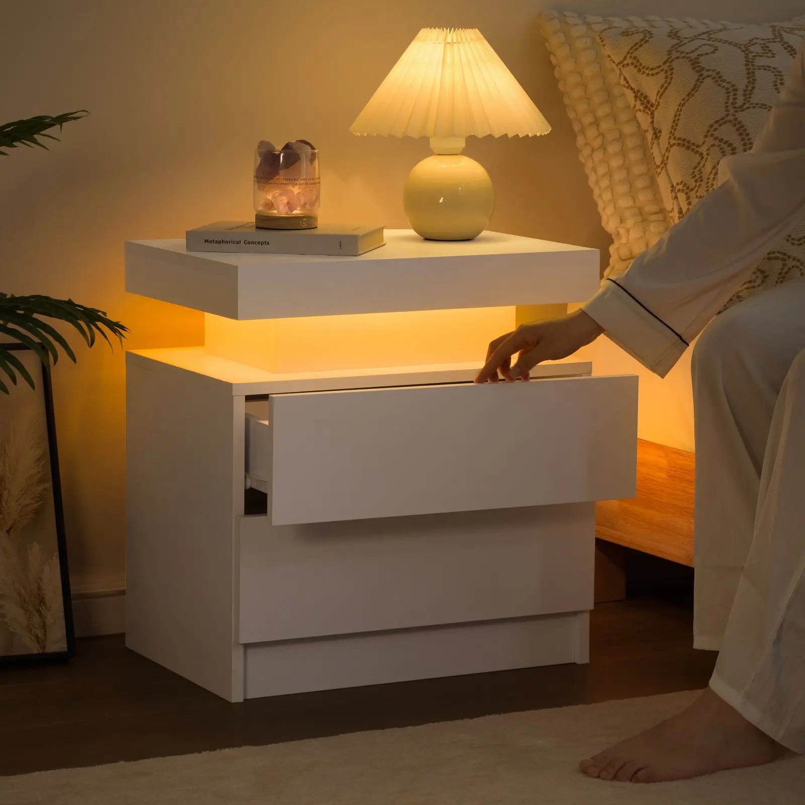 Moroccan Cube Nightstands with 2 Drawers, End Table with RGB LED Lights