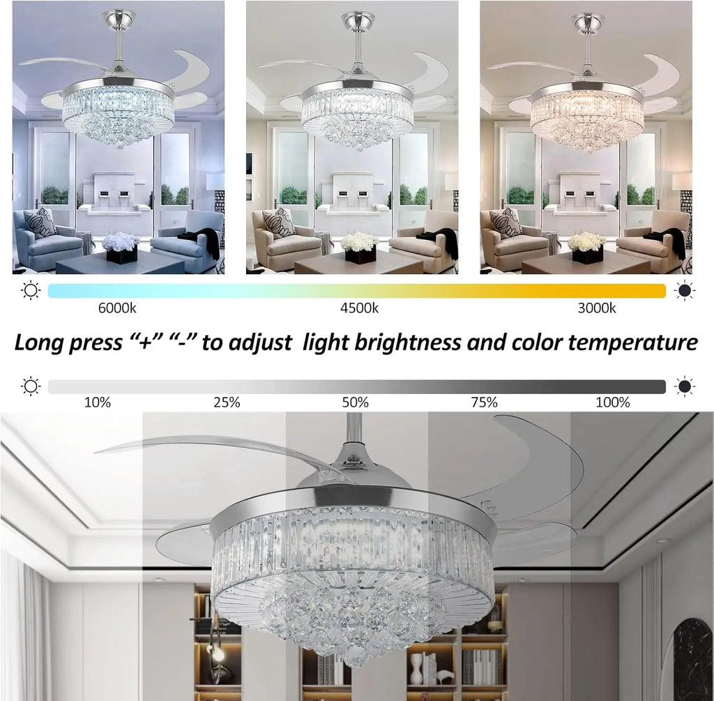 42" Crystal Ceiling Fan with Light, Silvery Chandelier with Remote, 6 Speeds 3 Colors Changes