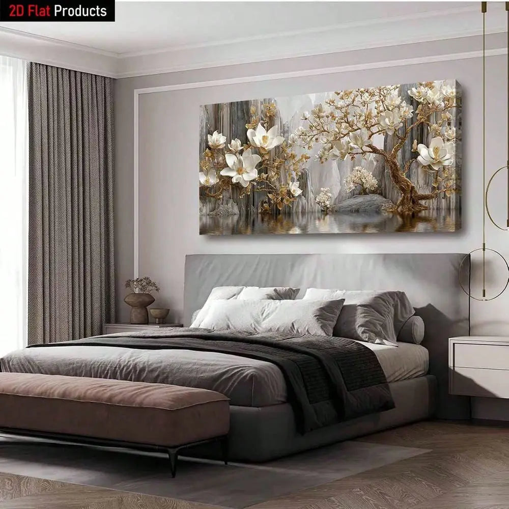 White Magnolia Flower Tree With Golden Accents High Quality Wall Art Printed