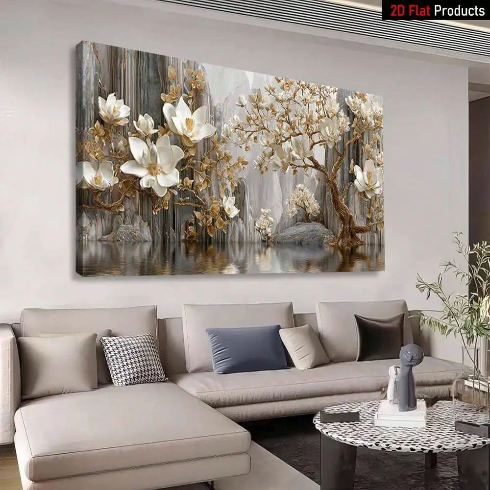 White Magnolia Flower Tree With Golden Accents High Quality Wall Art Printed