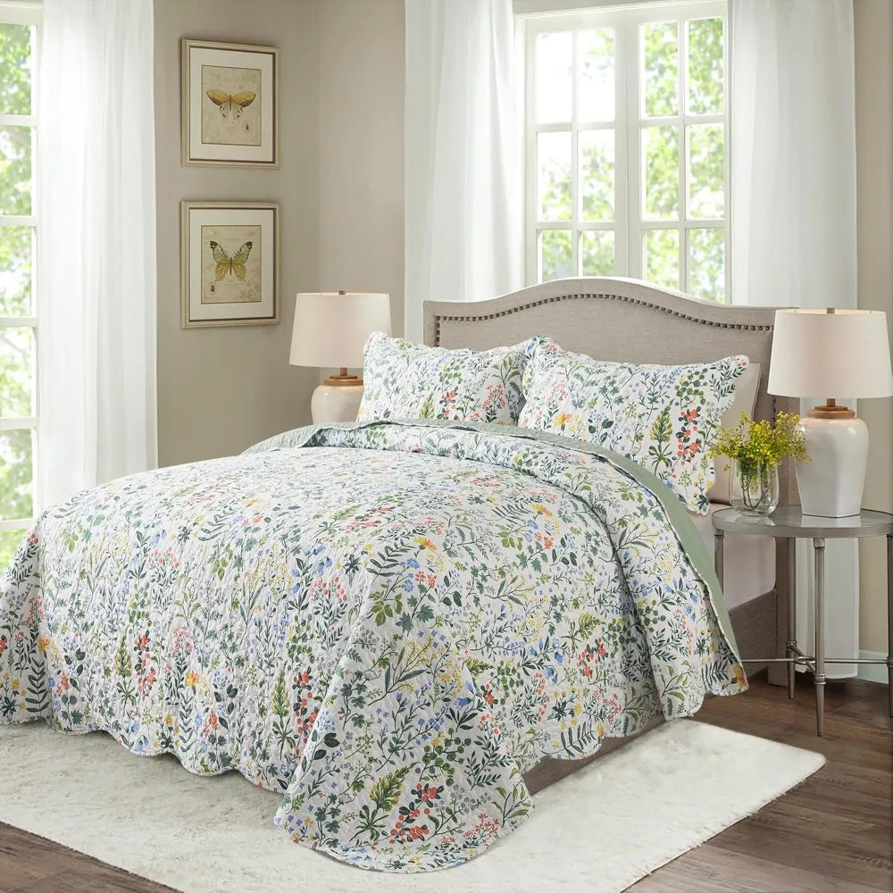 Floral Quilt King Size - 3 Pieces Microfiber Quilt Set Lightweight Wildflower