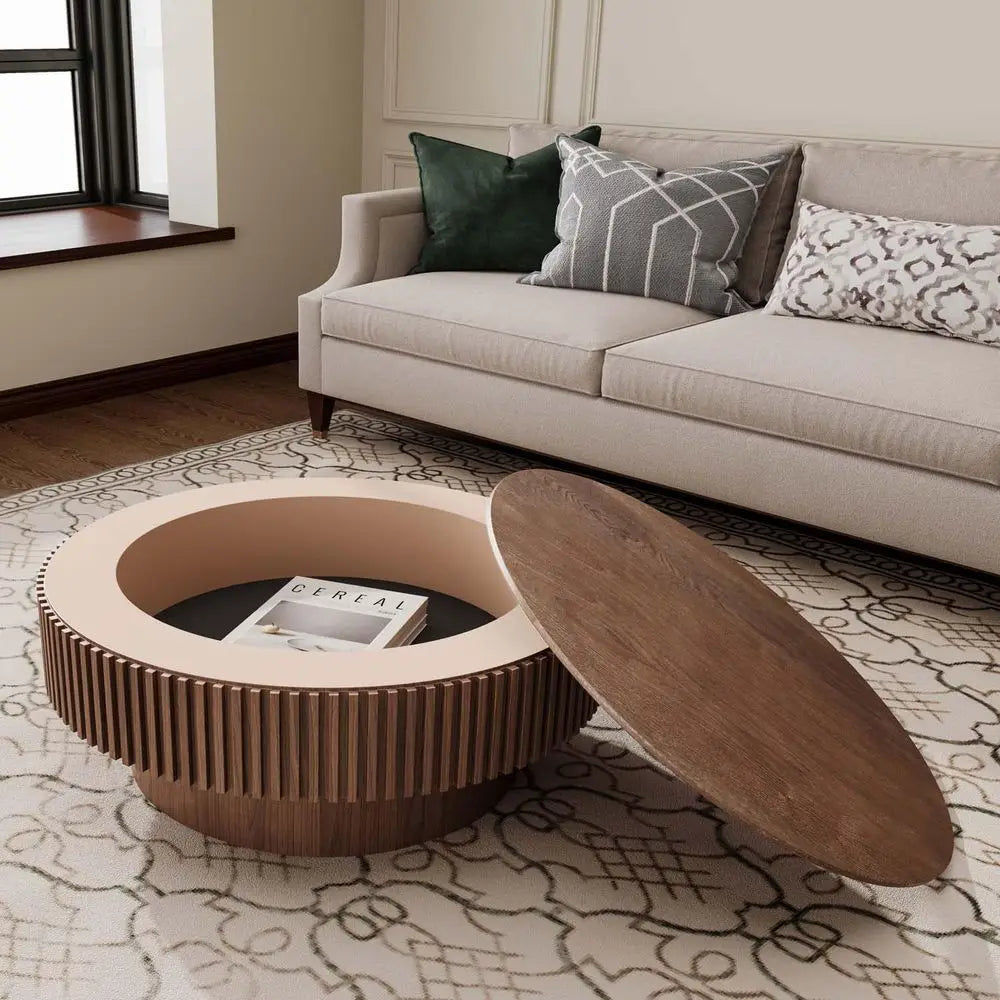 Walnut Round Coffee Table with Storage for Small Spaces: 31.5L × 31.5W × 14H