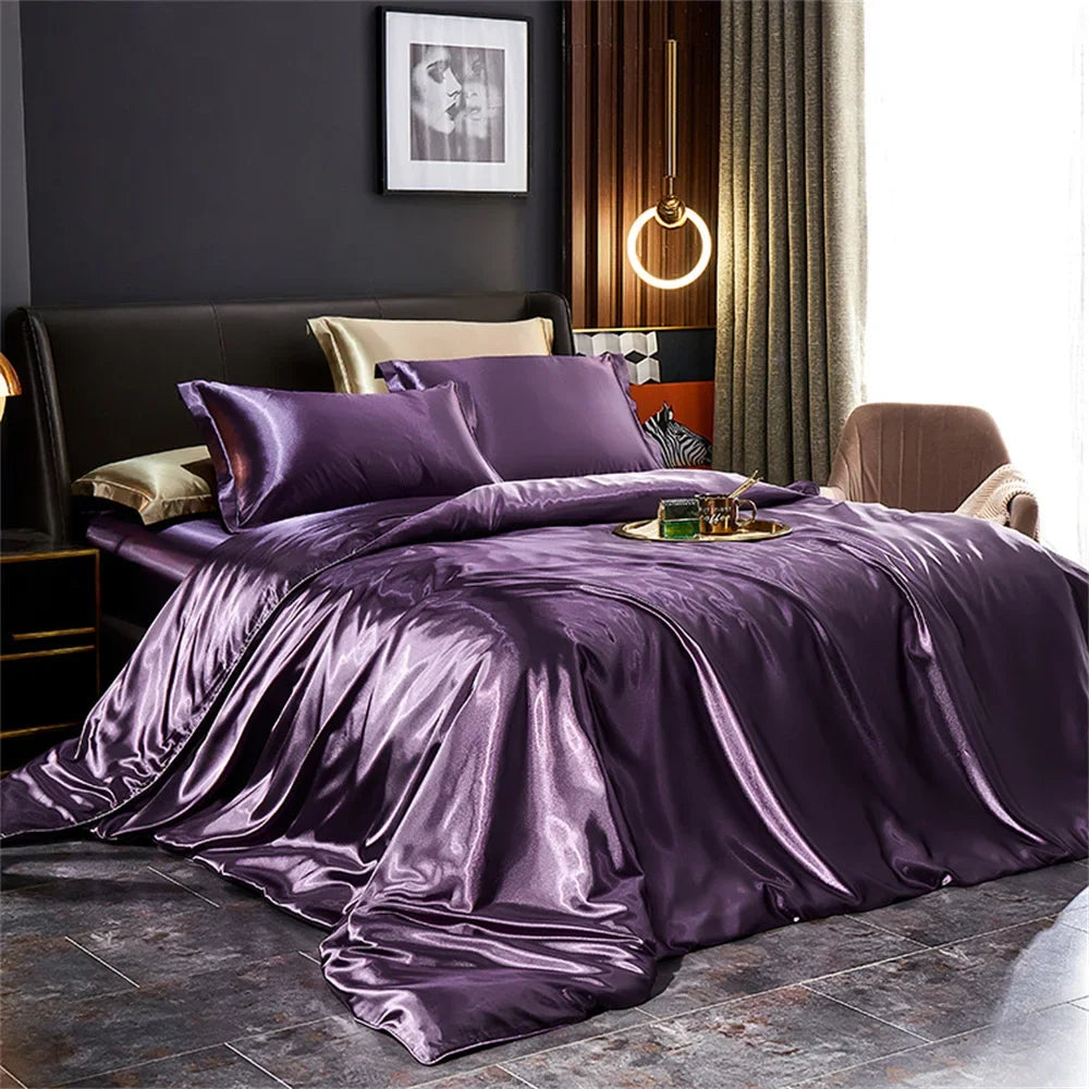 Solid Silk Bedding Set with Duvet Cover Bed Sheet Pillowcases