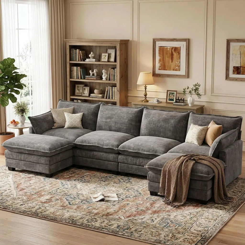 U Shaped Modular Sectional Sofa, Cloud Couch with Movable Ottoman, Comfy Chenille Sofa with Pillows for LivingApartment