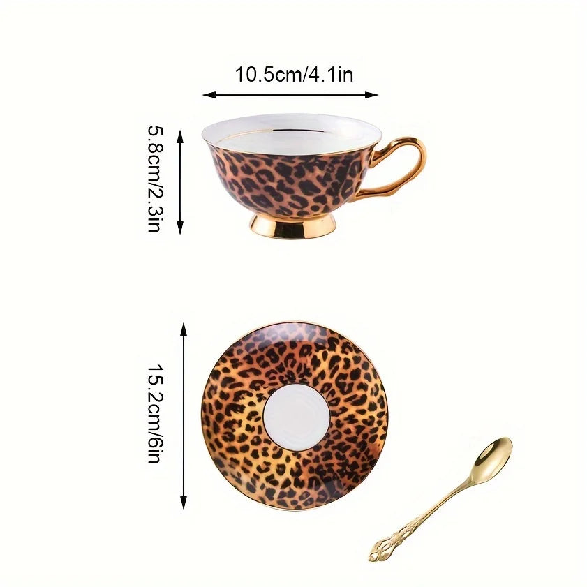 Luxurious Leopard Print Tea Set: Elegant Bone China Cup And Saucer with Golden Trim