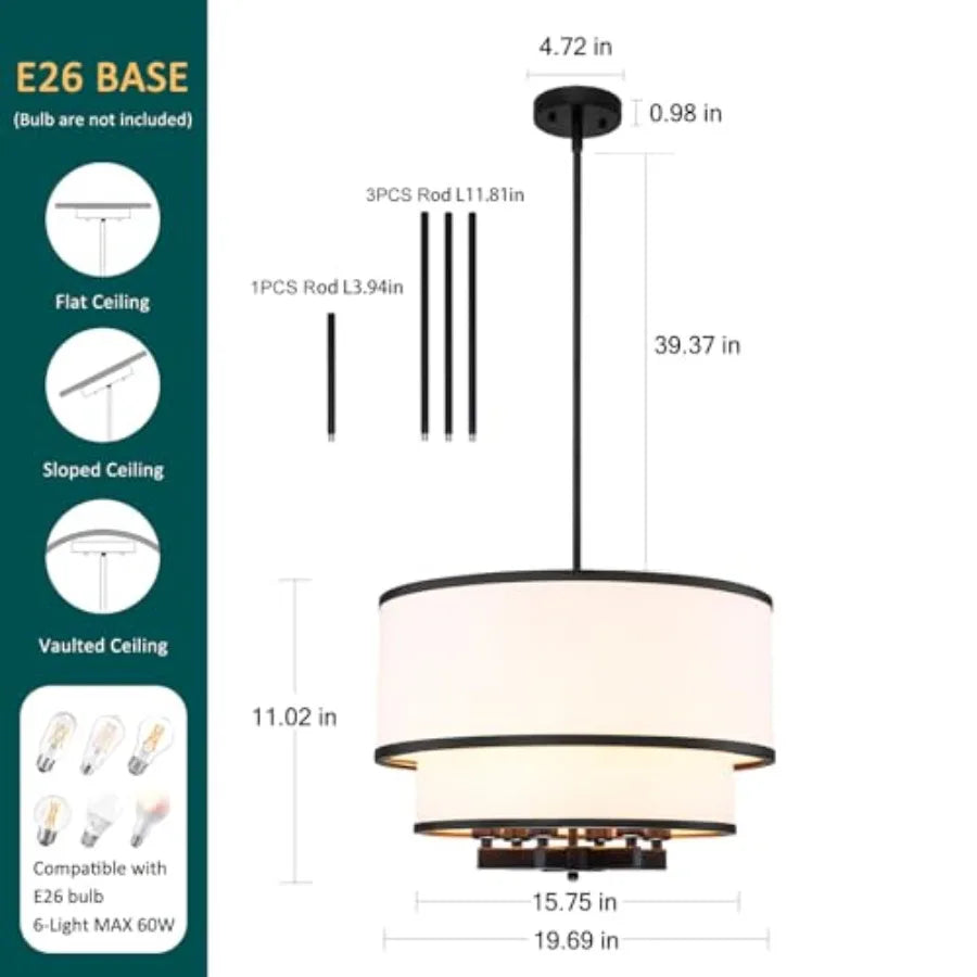 20" Modern Black Double with Fabric Shade,6-Light Pendant Light