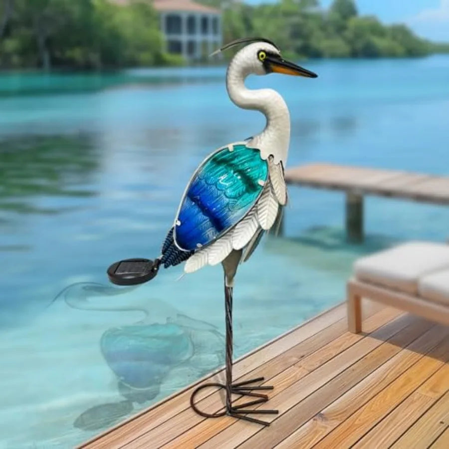 Solar Metal Crane or Pelican Statue Garden Heron Sculpture Yard Art