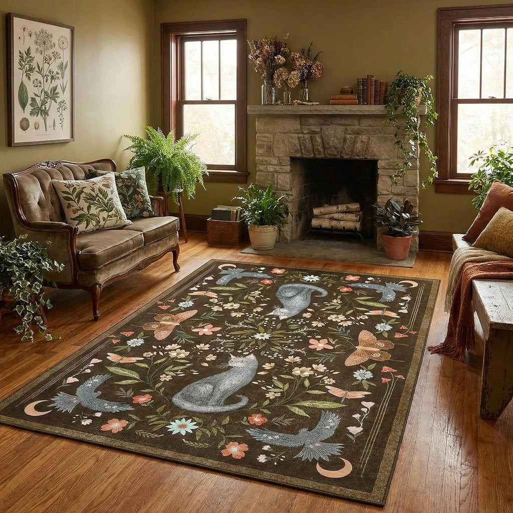 Cat Pattern Carpet, Brown, Washable,Gothic Style.