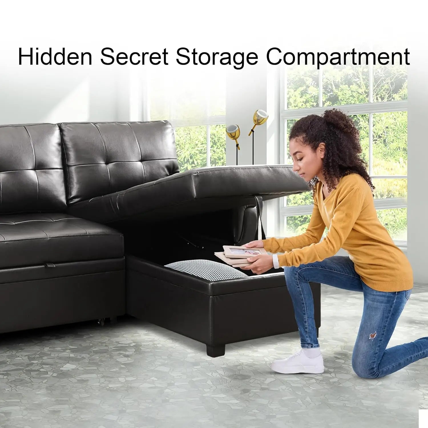 L Shaped Sleeper Sofa Bed with Storage & Pull Out Chaise Small Sectional Couch Living Room Air Leather Customized