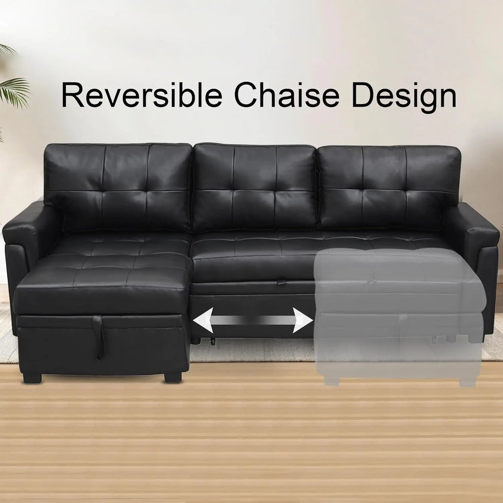 L Shaped Sleeper Sofa Bed with Storage & Pull Out Chaise Small Sectional Couch Living Room Air Leather Customized