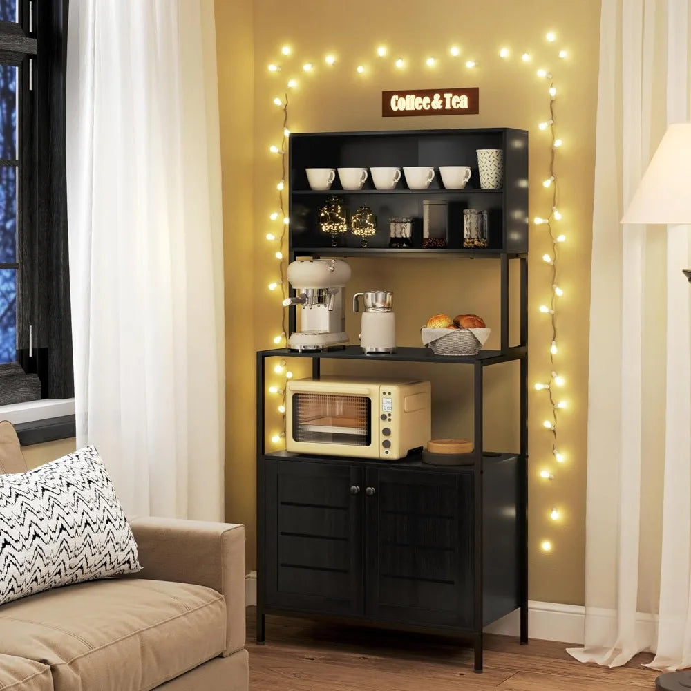 Kitchen Bakers Rack with Power Outlet, Coffee Bar Cabinet with Storage Shelves