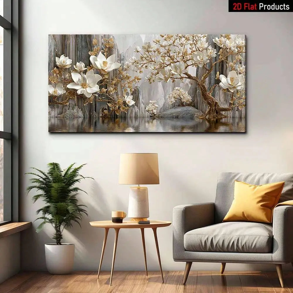 White Magnolia Flower Tree With Golden Accents High Quality Wall Art Printed