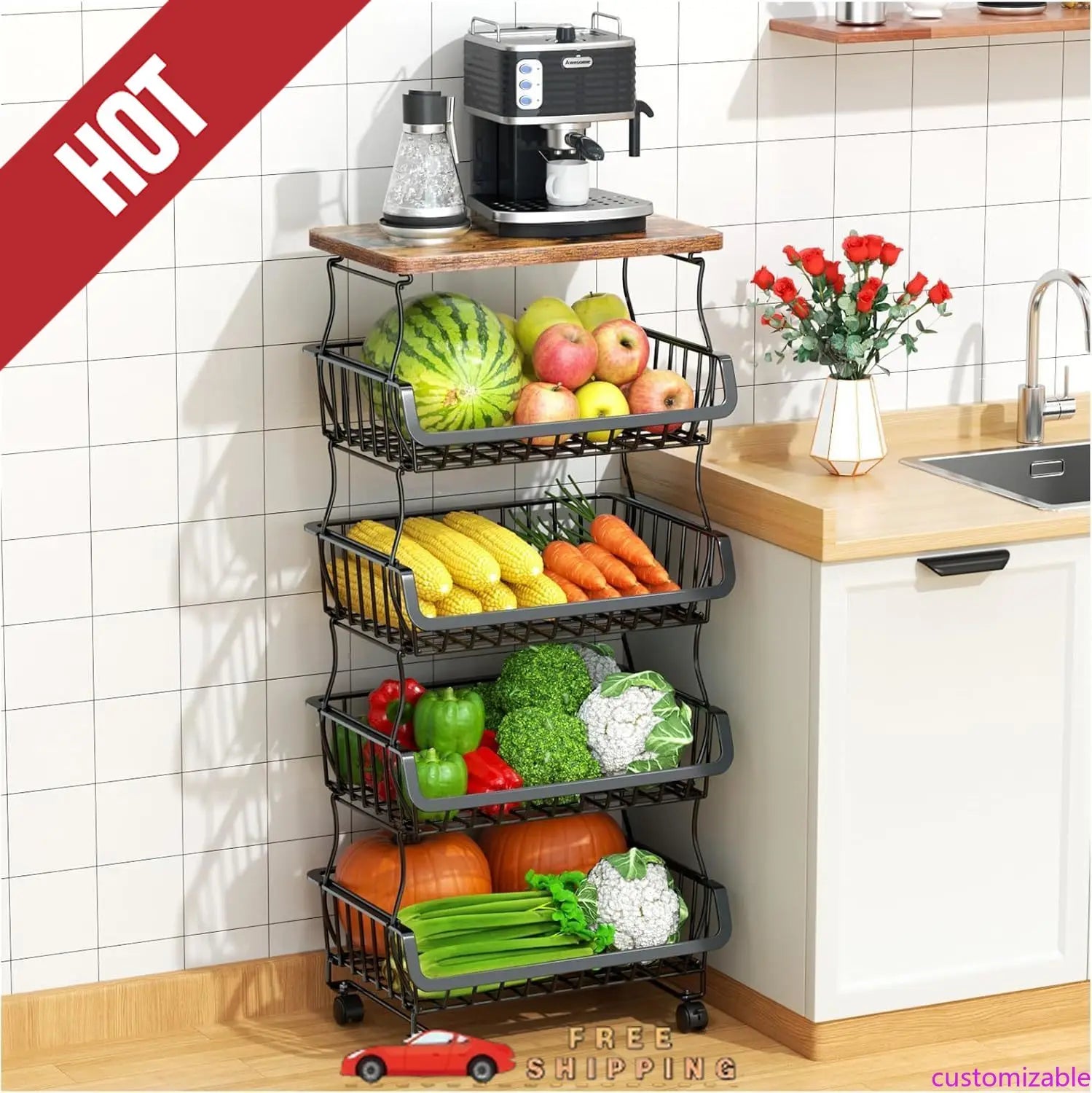 Customizable Fruit Vegetable Basket for Kitchen, 5 Tier Stackable