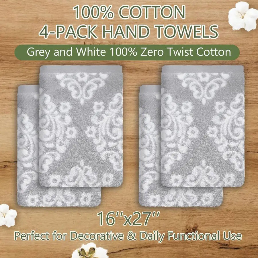 Grey Bathroom Hand Towels Set of 4 16 x 27 Cotton Quick Dry