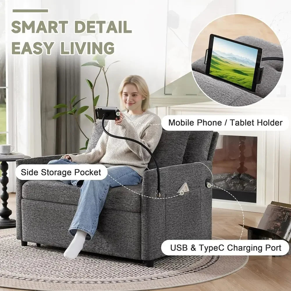 Hot-sellingConvertible Sofa Bed with USB Ports, 3-in-1 Sleeper, Grey