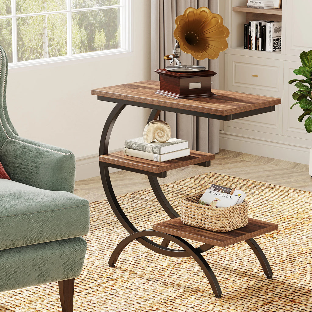 C-Shaped End Table, Industrial 3-Tier with Storage Shelves