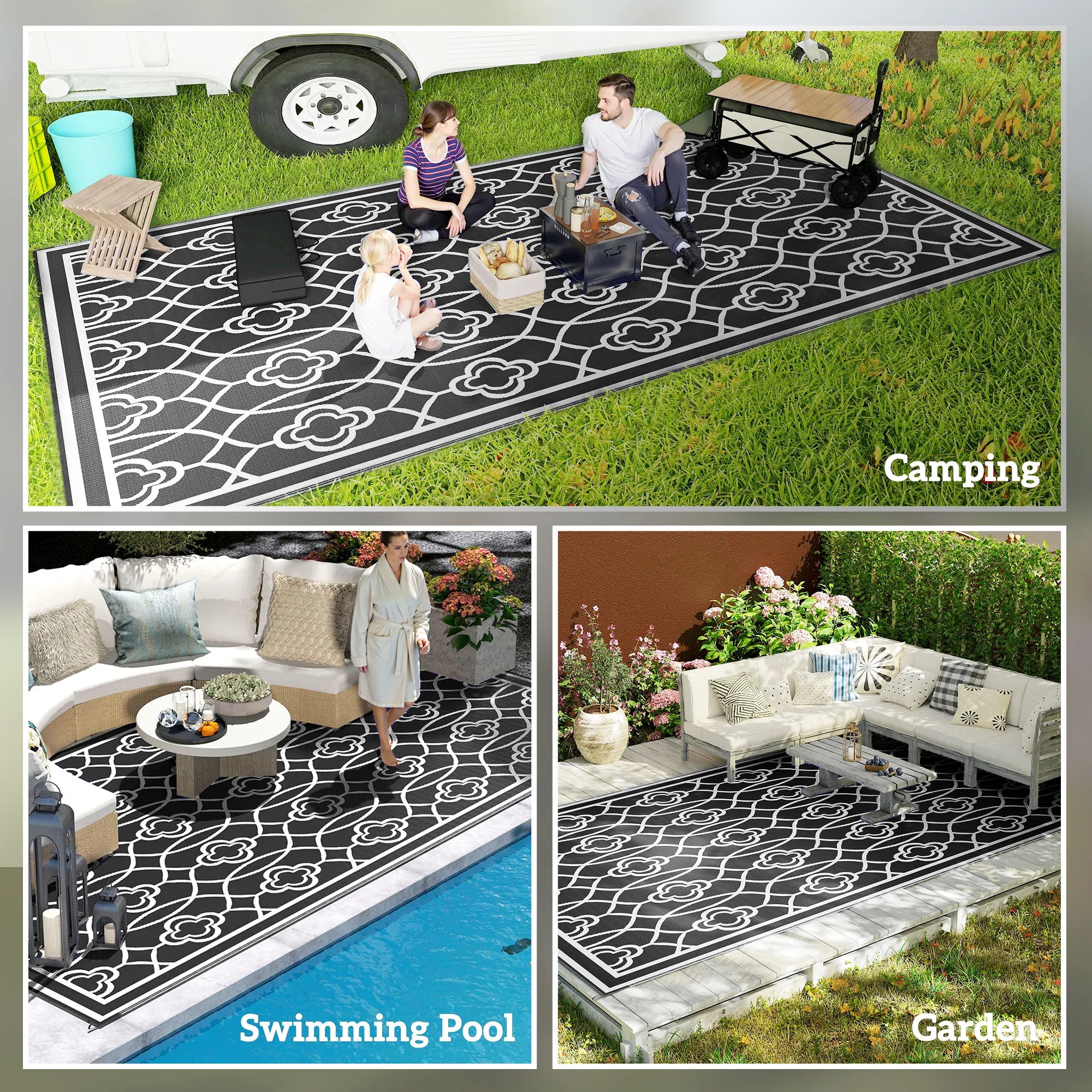 Black White Lantern Outdoor Rug, 9' x 18' Floor Mat