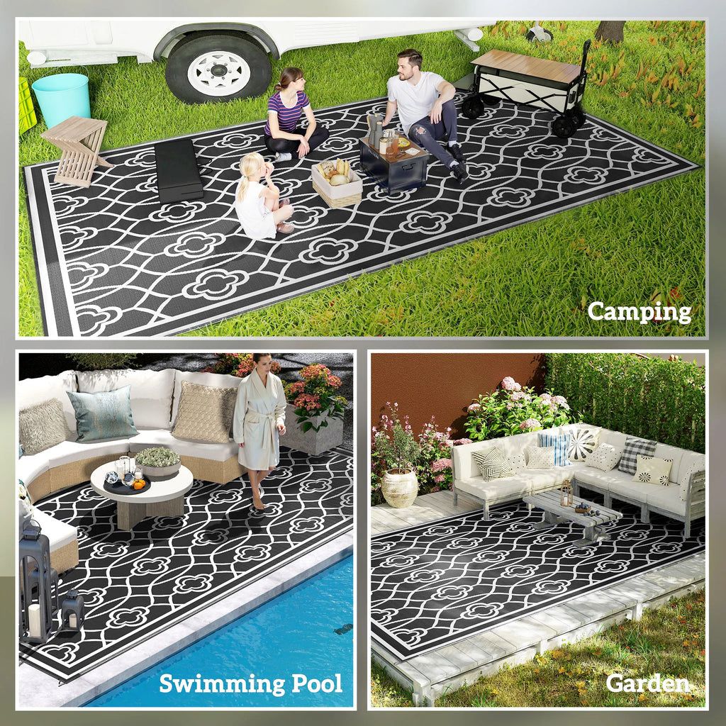 Black White Lantern Outdoor Rug, 9' x 18' Floor Mat