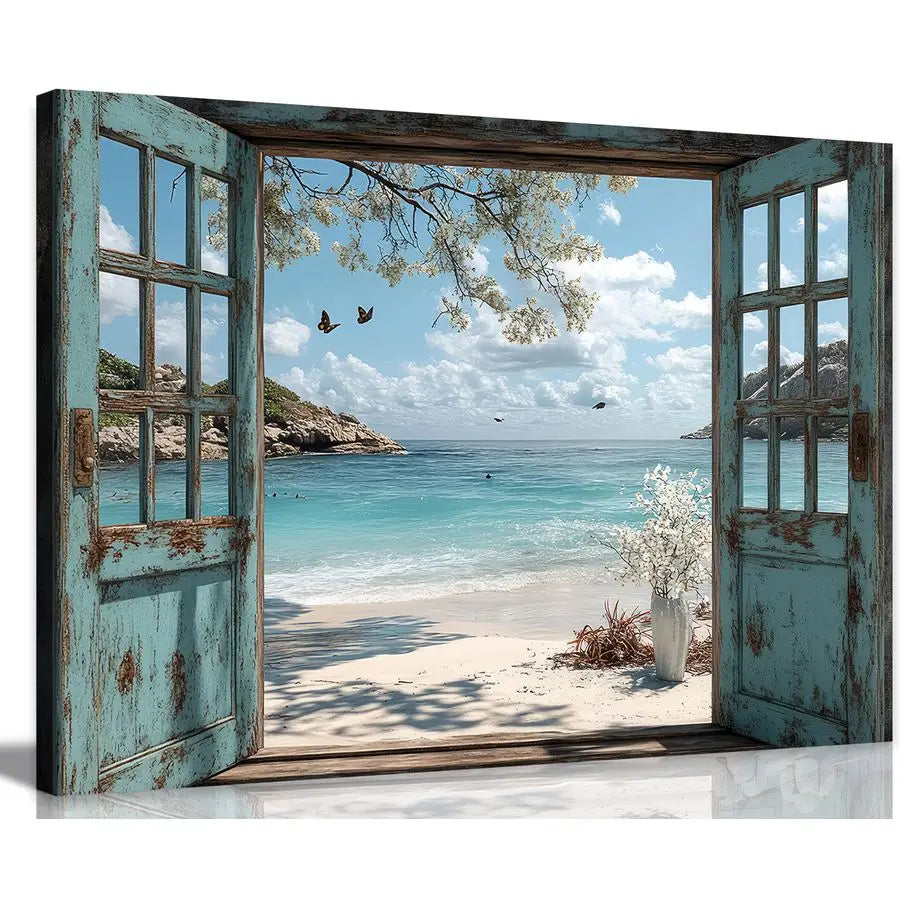 Beach canvas Wall Art Blue Coastal Ocean Windows