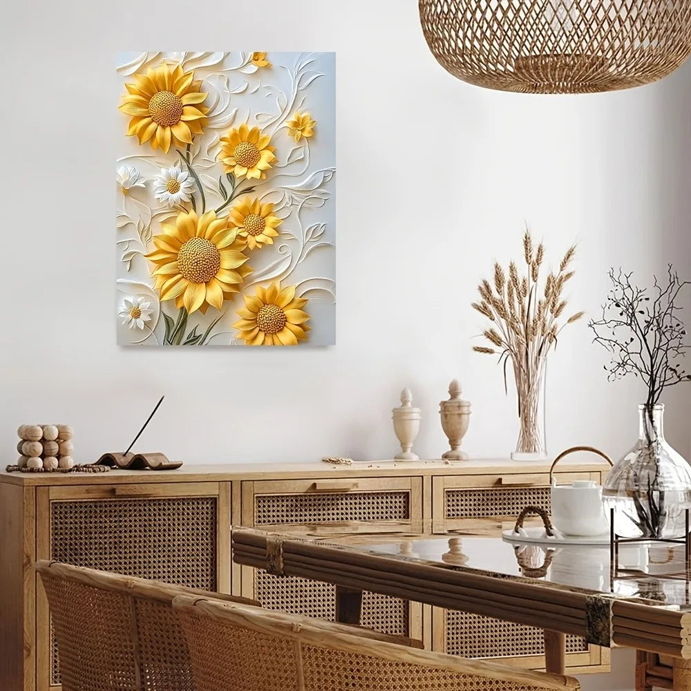 3D relief sunflower canvas art with wood frame, vivid yellow wall printing