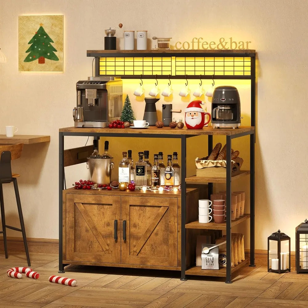 Bakers Rack with Power Outlet and LED Light, Microwave , Coffee bar