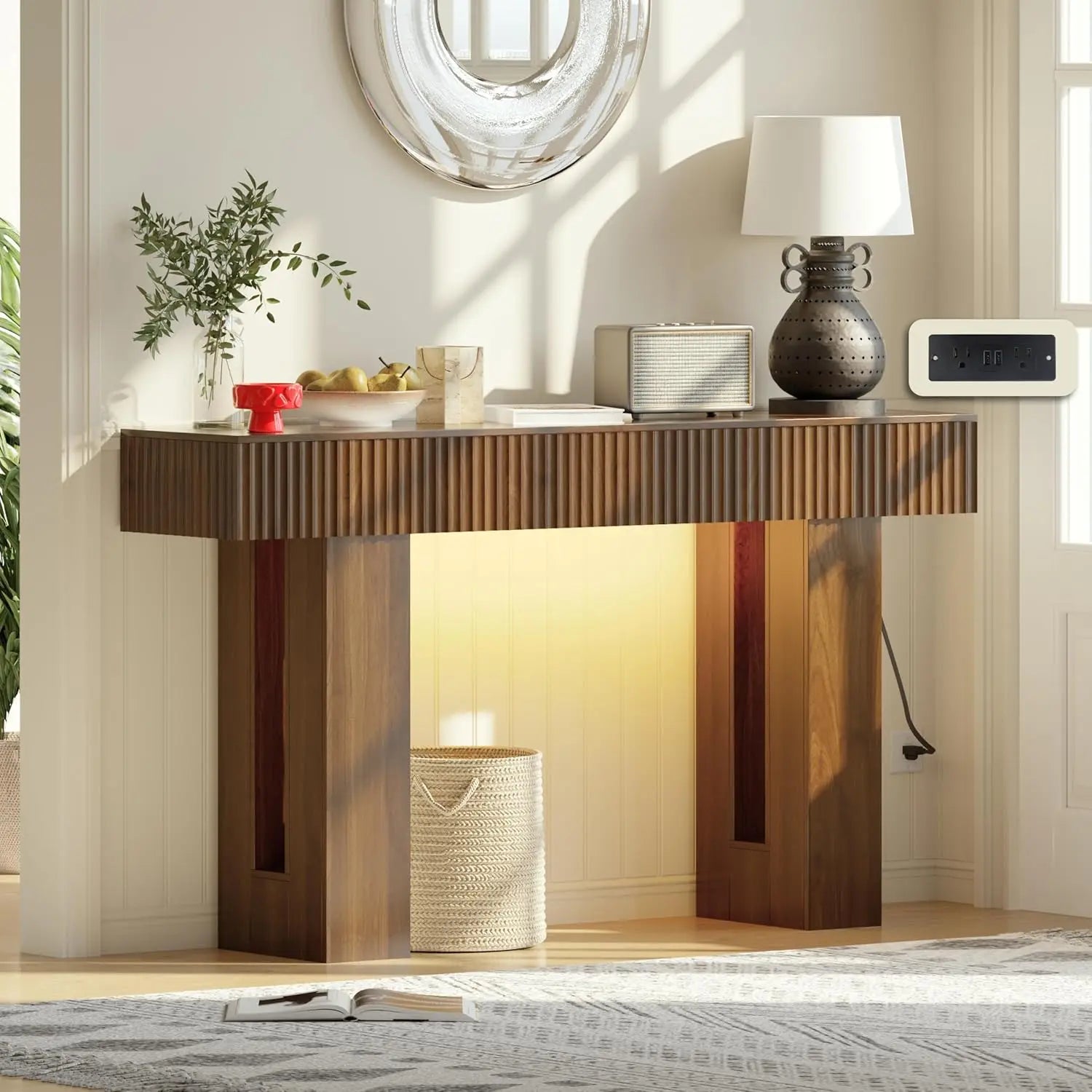 Lights up! 60in Power Outlet RGB Console Table, Thick Wood
