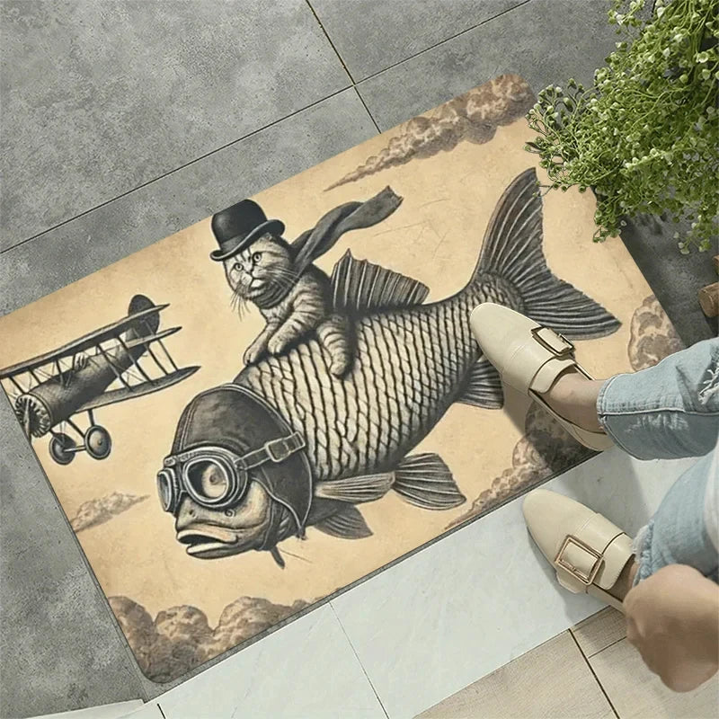 Vintage Abstract Retro Fish Cat Print Door Mat, Non Slip 