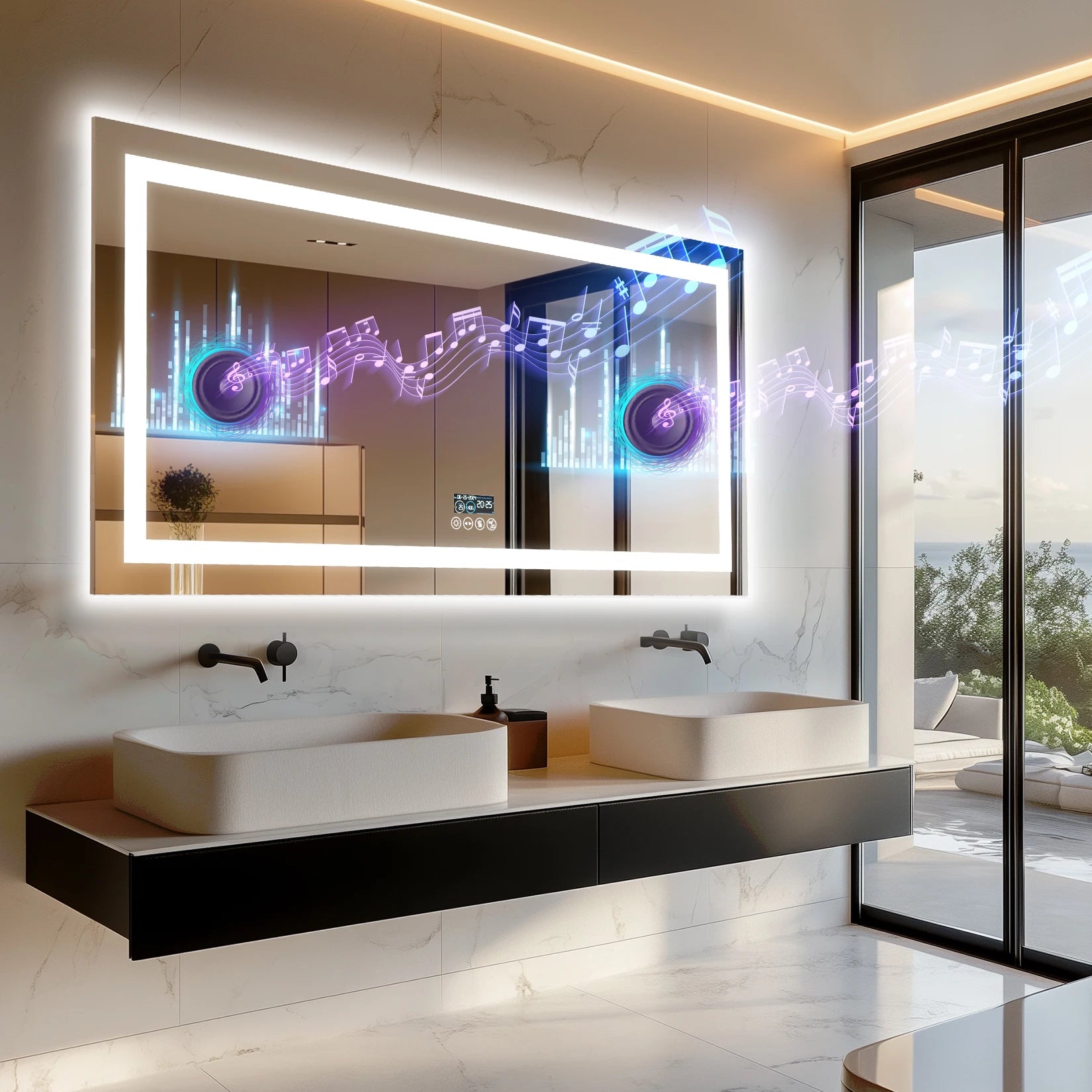 Musical LED Bathroom Mirror with Lights Vanity Make Up Mirror Dimmable