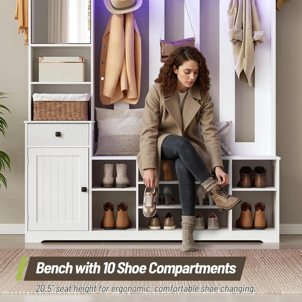 Hall Tree with Bench and Shoe Storage, 59.1" Farmhouse Entryway Bench with Coat Rack and Fabric Drawer, Customized