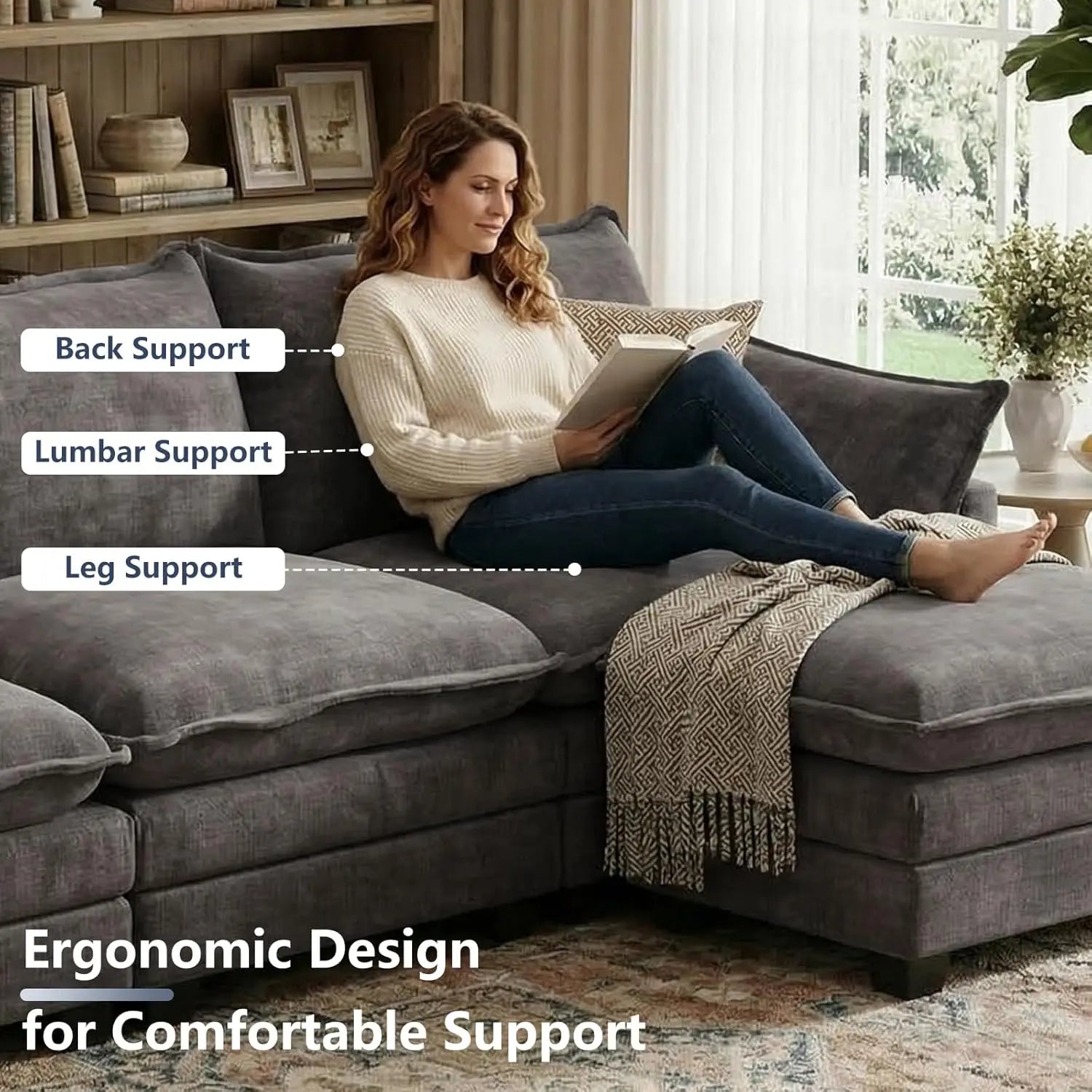 U Shaped Modular Sectional Sofa, Cloud Couch with Movable Ottoman, Comfy Chenille Sofa with Pillows for LivingApartment