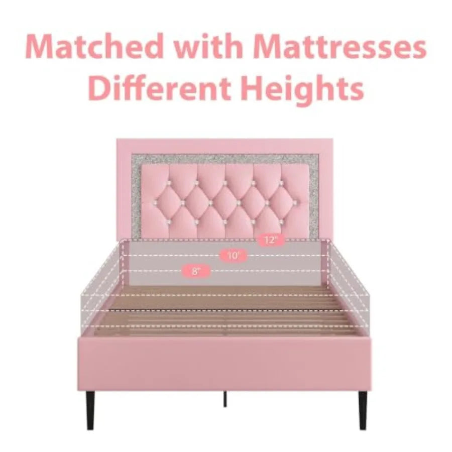 Glamous Girls Twin Diamond Tufted Button Headboard, Elegant Pink Fabric Upholstery