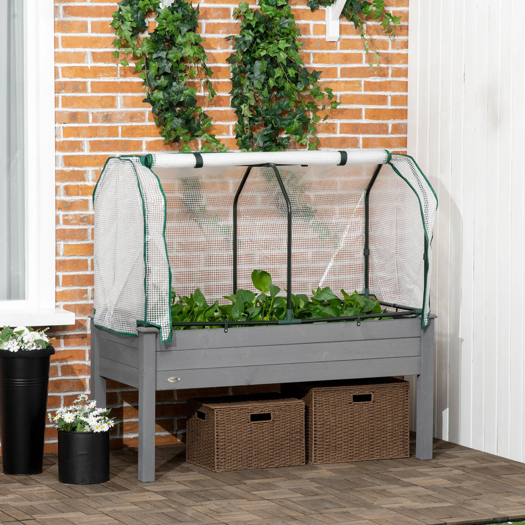 Raised Garden Bed Outdoor Elevated Wood Planter Box w/ PE Cover, Dark Gray