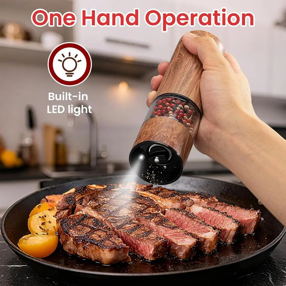 Automatic Salt and Pepper Grinder Set with Wood Base,