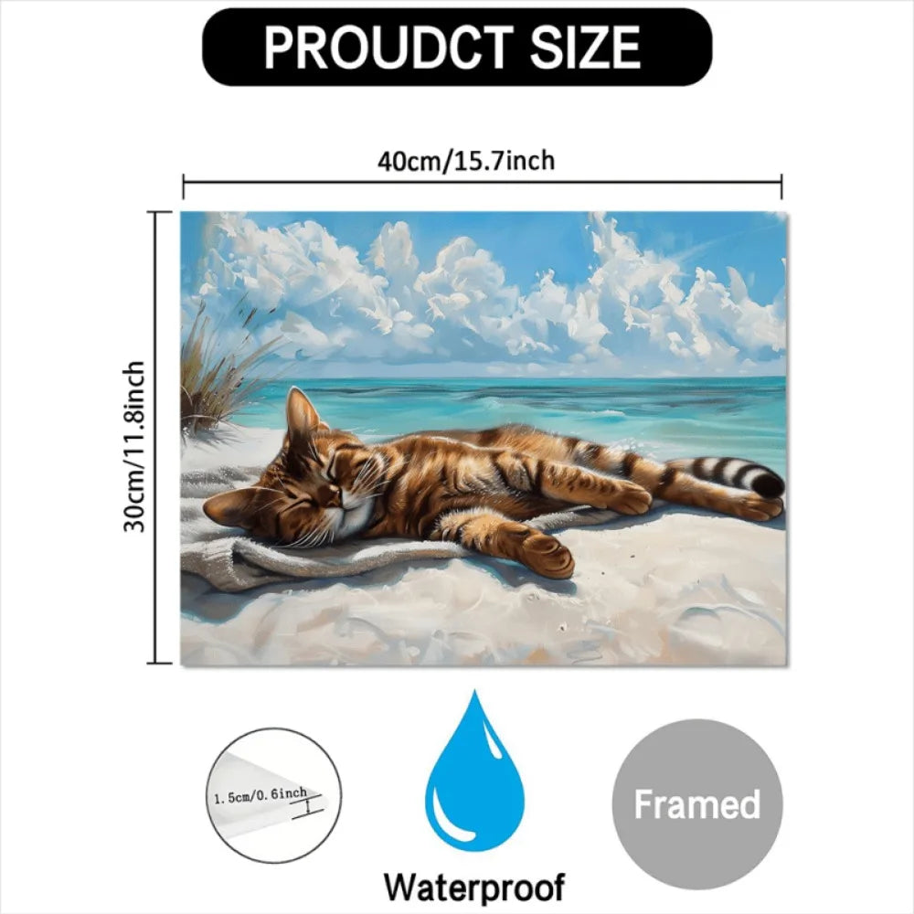 A coastal cat canvas wall art, a cat napping on the beach, wood-framed Marine theme.