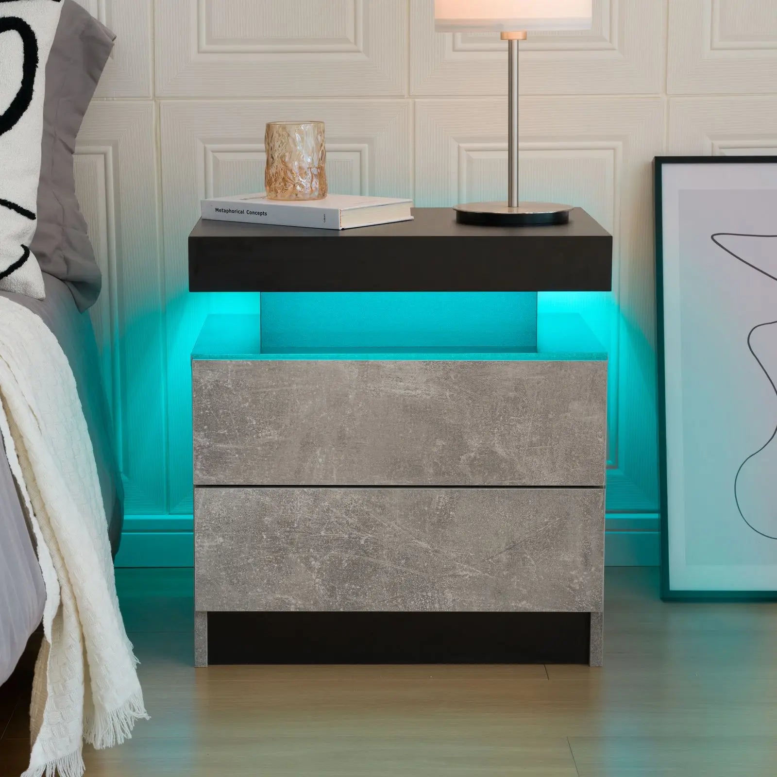 Moroccan Cube Nightstands with 2 Drawers, End Table with RGB LED Lights