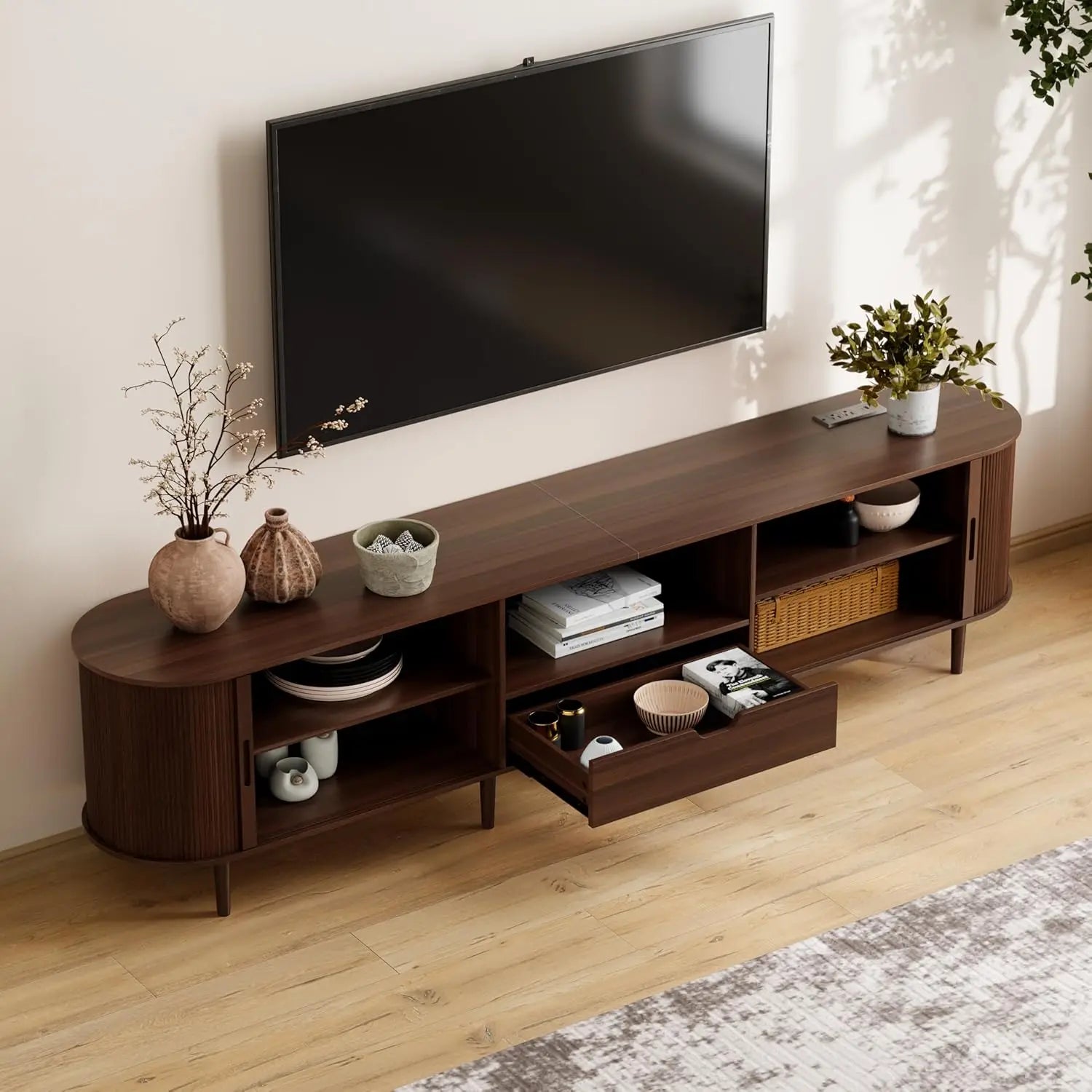 Fluted TV Stand Power Outlet 90" Console 86.6" long