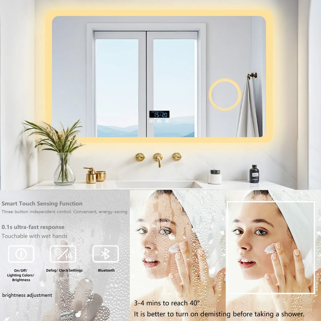 LED Bathroom Mirror with Bluetooth Dimmable Backlit Vanity Mirror with 3X Magnifier and Screen Display