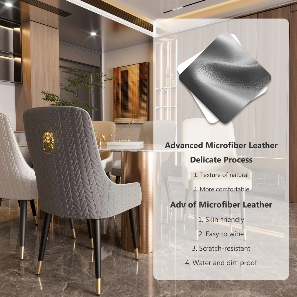 Modern PU Leather Set of 2 Dining Chairs with Metal Legs Lion Head Pull Ring