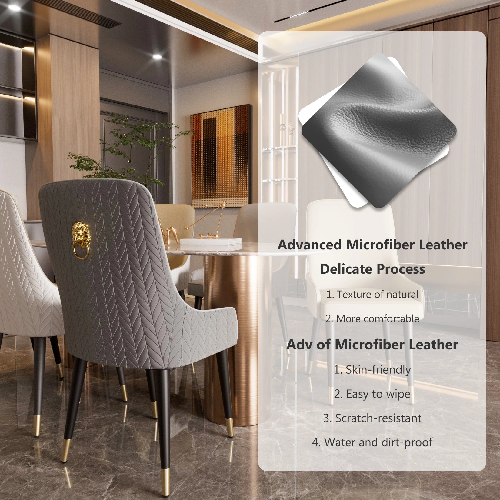 Modern PU Leather Set of 2 Dining Chairs with Metal Legs Lion Head Pull Ring