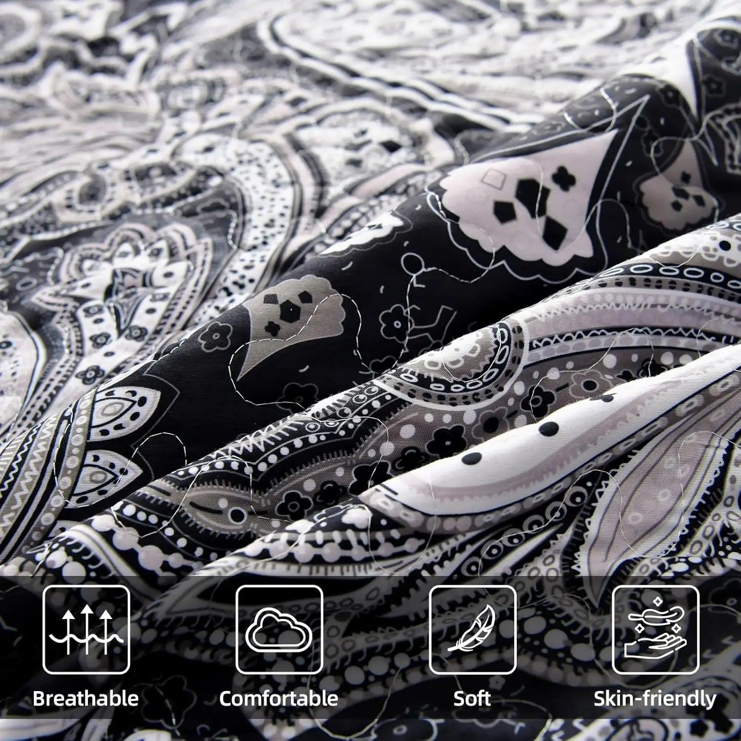 King Size Black Paisley Quilt Set, 3-Piece Boho Bedspread