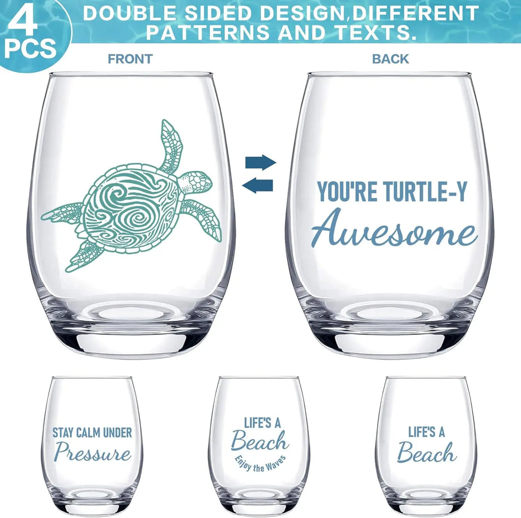 4 PCS Ocean Stemless Wine Glasses-17 Oz Coastal Glassware Gifts for Beach Lovers-Sea Turtle,Seashell,Starfish,Conch Wine