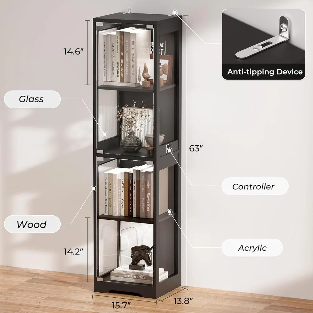 4-Tier Glass Display Cabinet with 3 Color LED Lights - Black