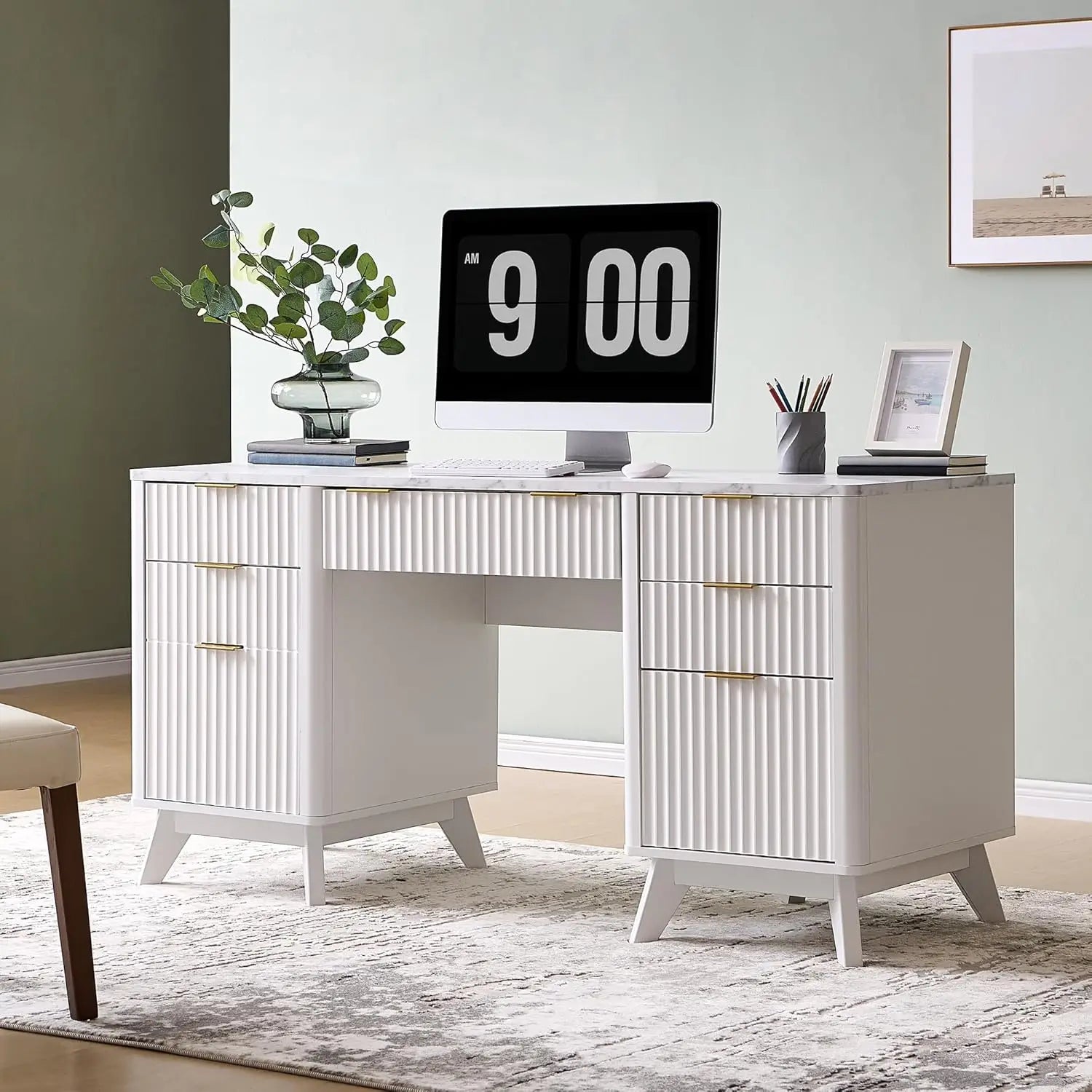 Fluted Executive Desk with Drawers, 60" Modern Home Office Computer Desk