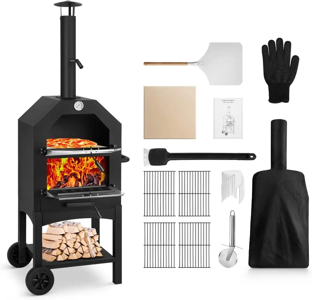 Outdoor Pizza Oven, Wood Fired for Outside, Patio Maker With Stone, Peel, Grill Rack