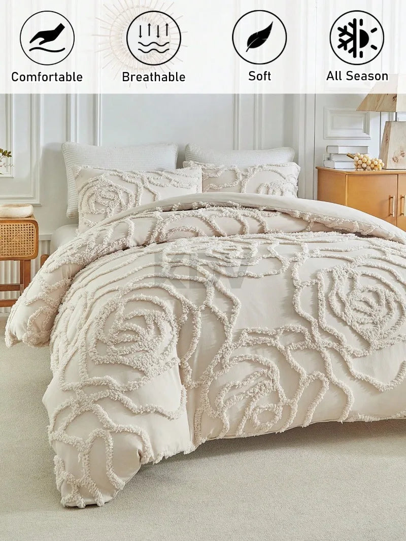 3D Rose Floral Tufted Duvet Cover Set High Quality and Pillowcases