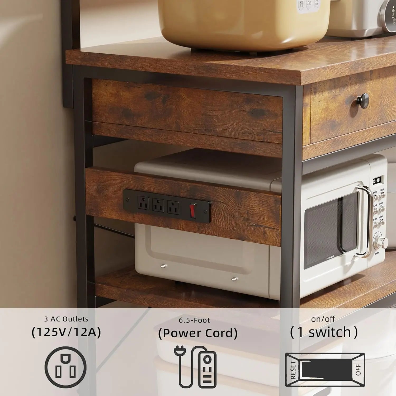 Bakers Rack with Power Outlets, Kitchen Stand Coffee Bar Table with Storage