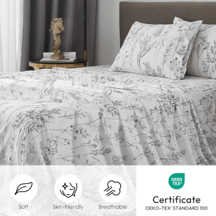 Floral Bed Sheets King Size, 18 Inch Deep Pocket Sheets 1800 Thread Count, Leaf Sheet Set Soft Breathable Cute Aesthetic Sheets